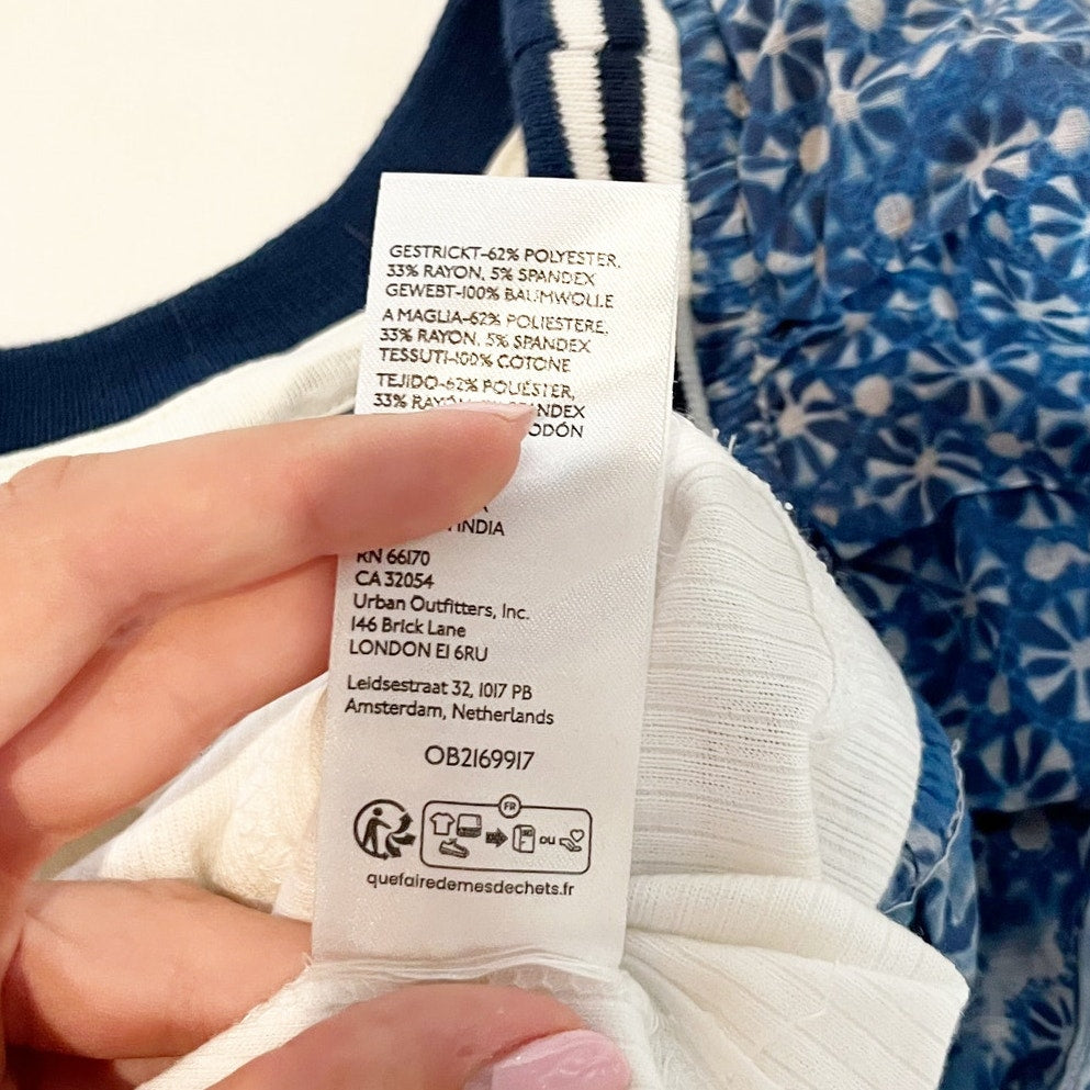 Anthropologie Pilcro Ruffle Shoulder Ribbed Scoopneck Tank Top White Blue Small