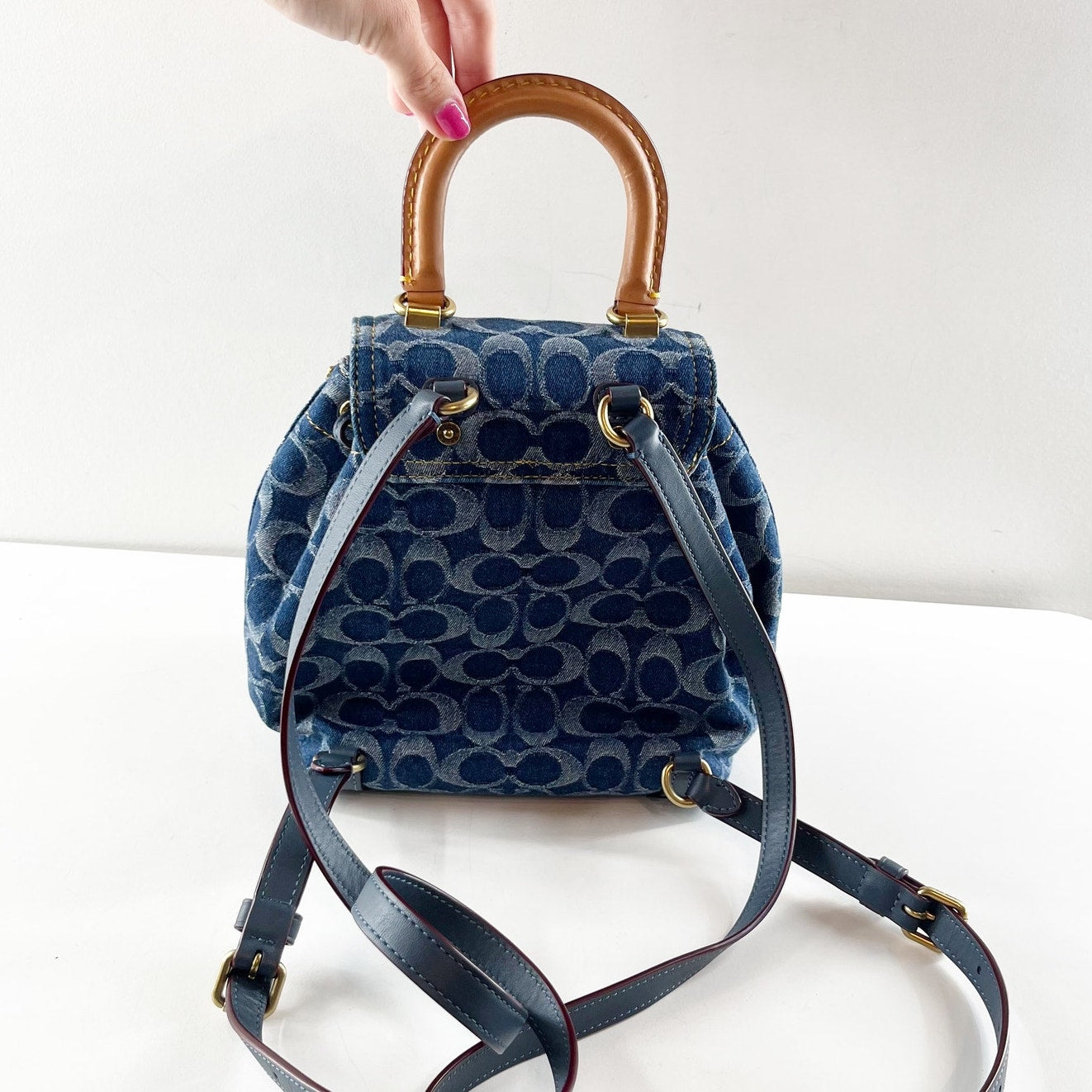 Coach Riya Signature Denim Backpack 21 Blue with Leather Top Handle