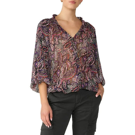 Sanctuary Paisley Print Balloon Sleeves Smocked Neck Blouse Purple Multi Small