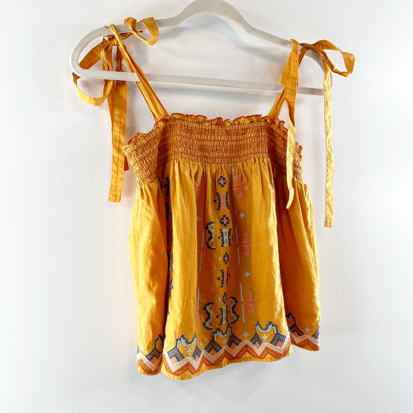 Anthropologie Tie Strap Embroidered Square Neck Tank Top Yellow XS