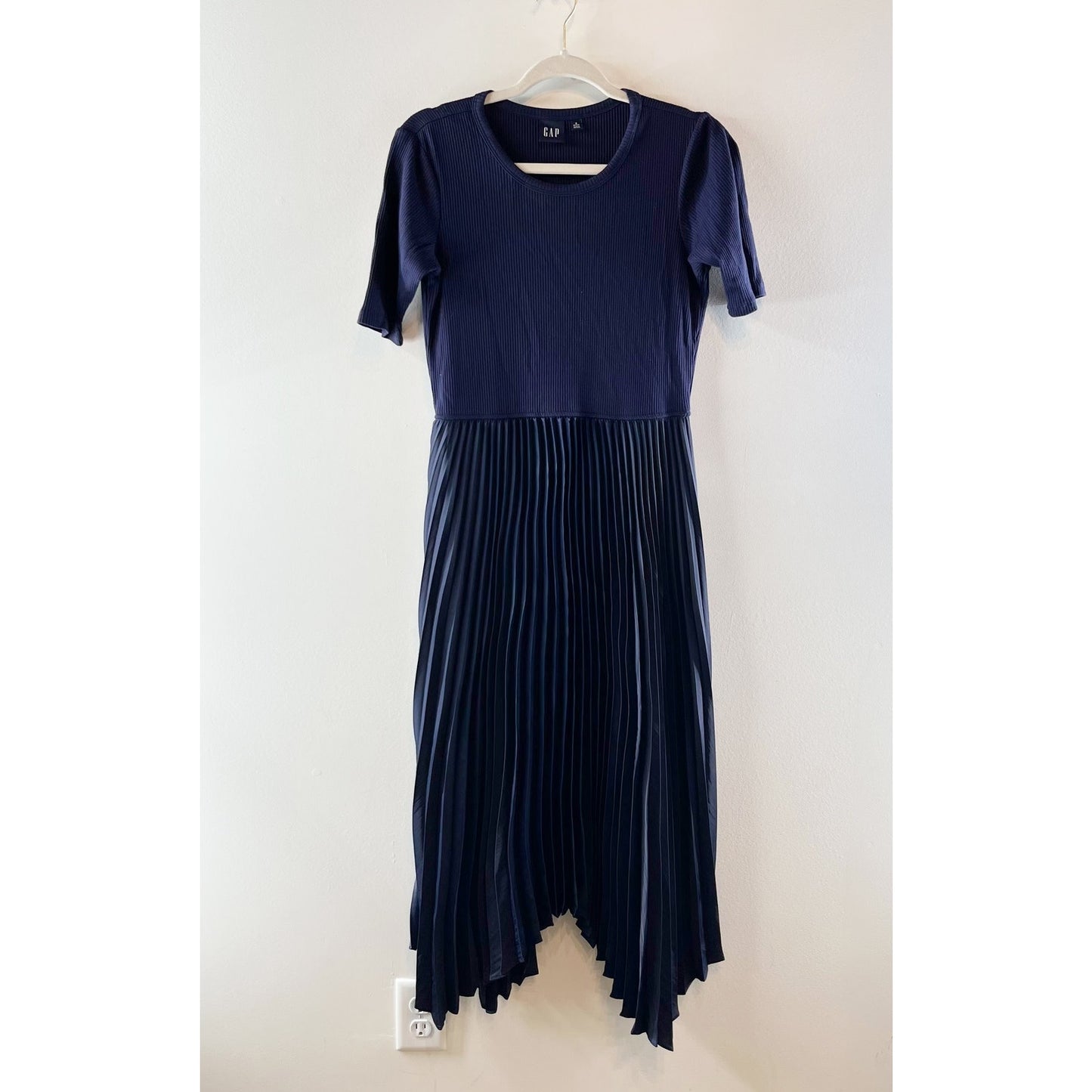 GAP Satin Pleated Short Sleeve Midi Dress Navy Blue