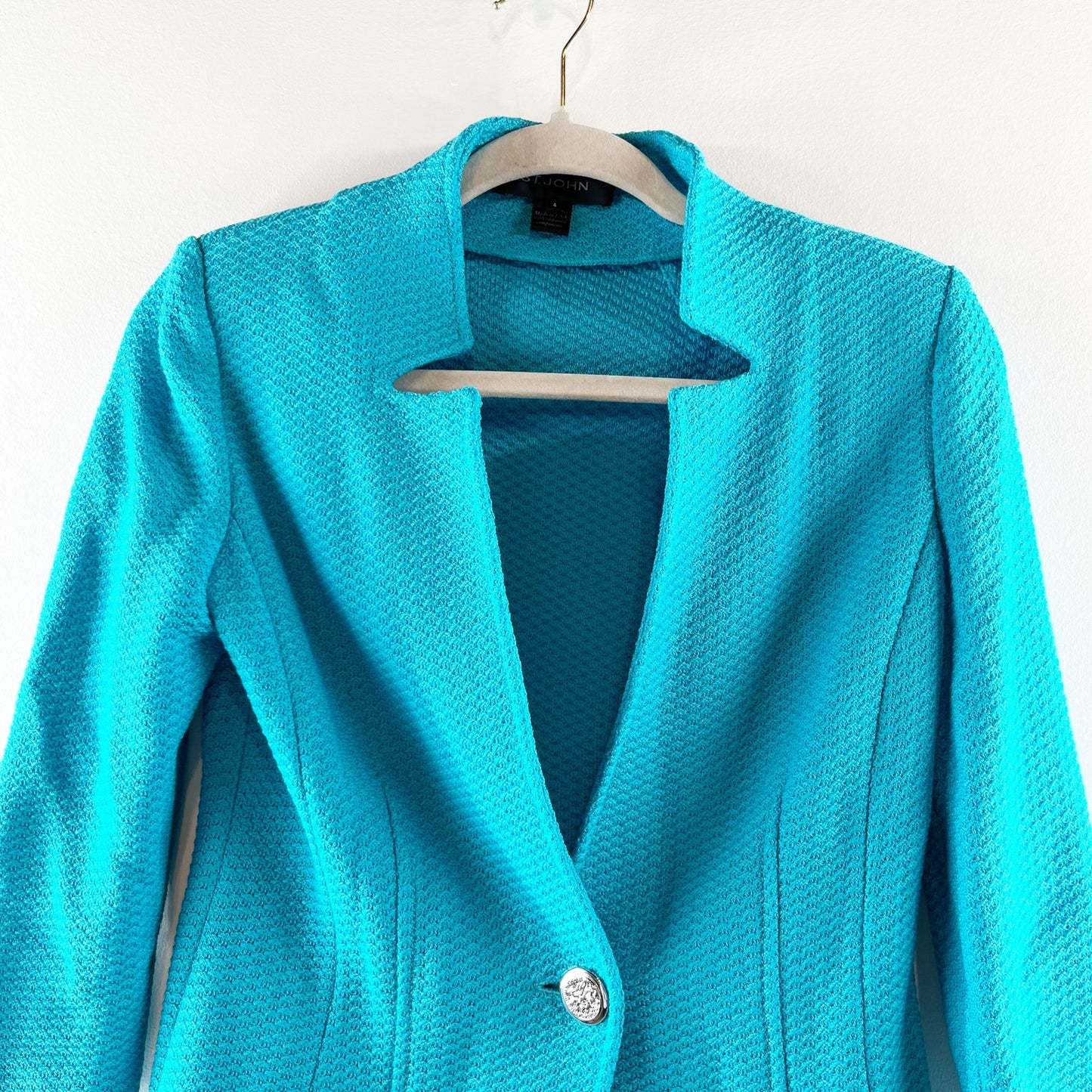 St. John Wool Blend 3/4 Sleeve Single Breasted Cardigan Blazer Turquoise US 4