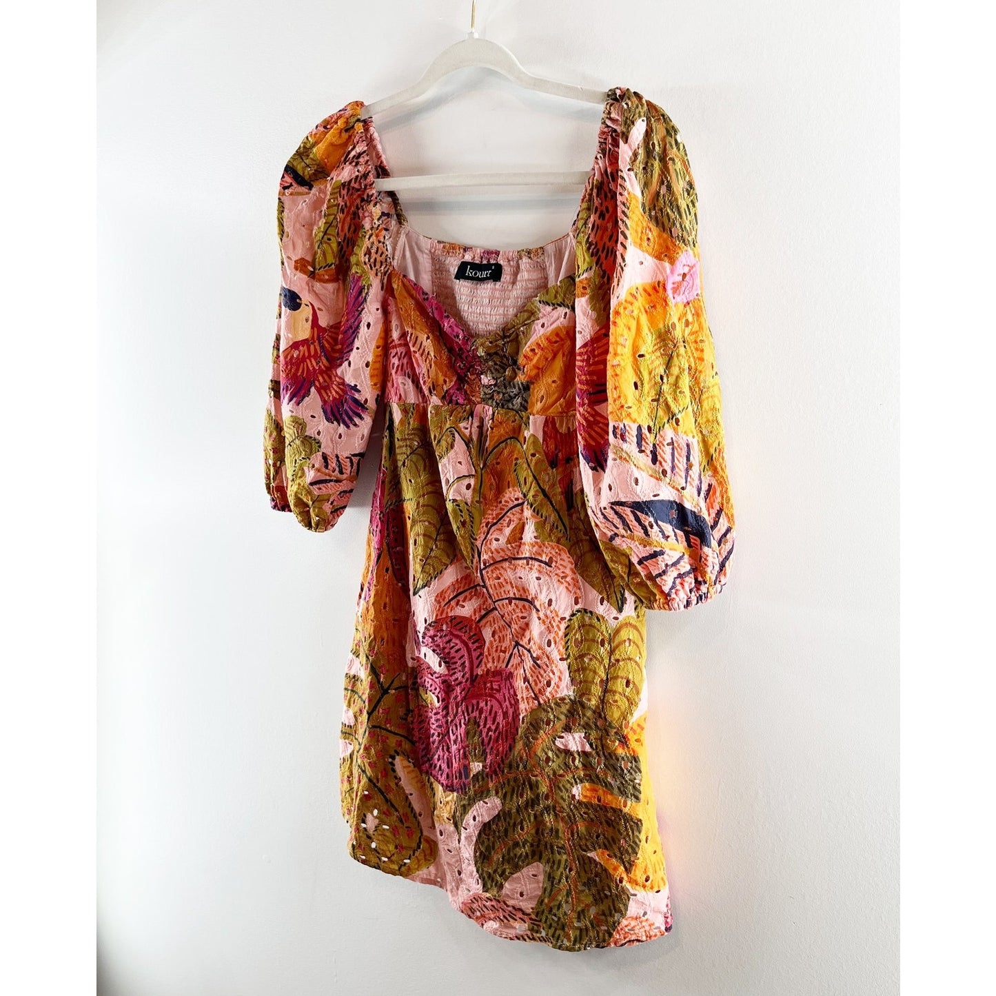 Kourt Robbie Floral Puff Sleeve Mini Dress Red Pink Orange Small