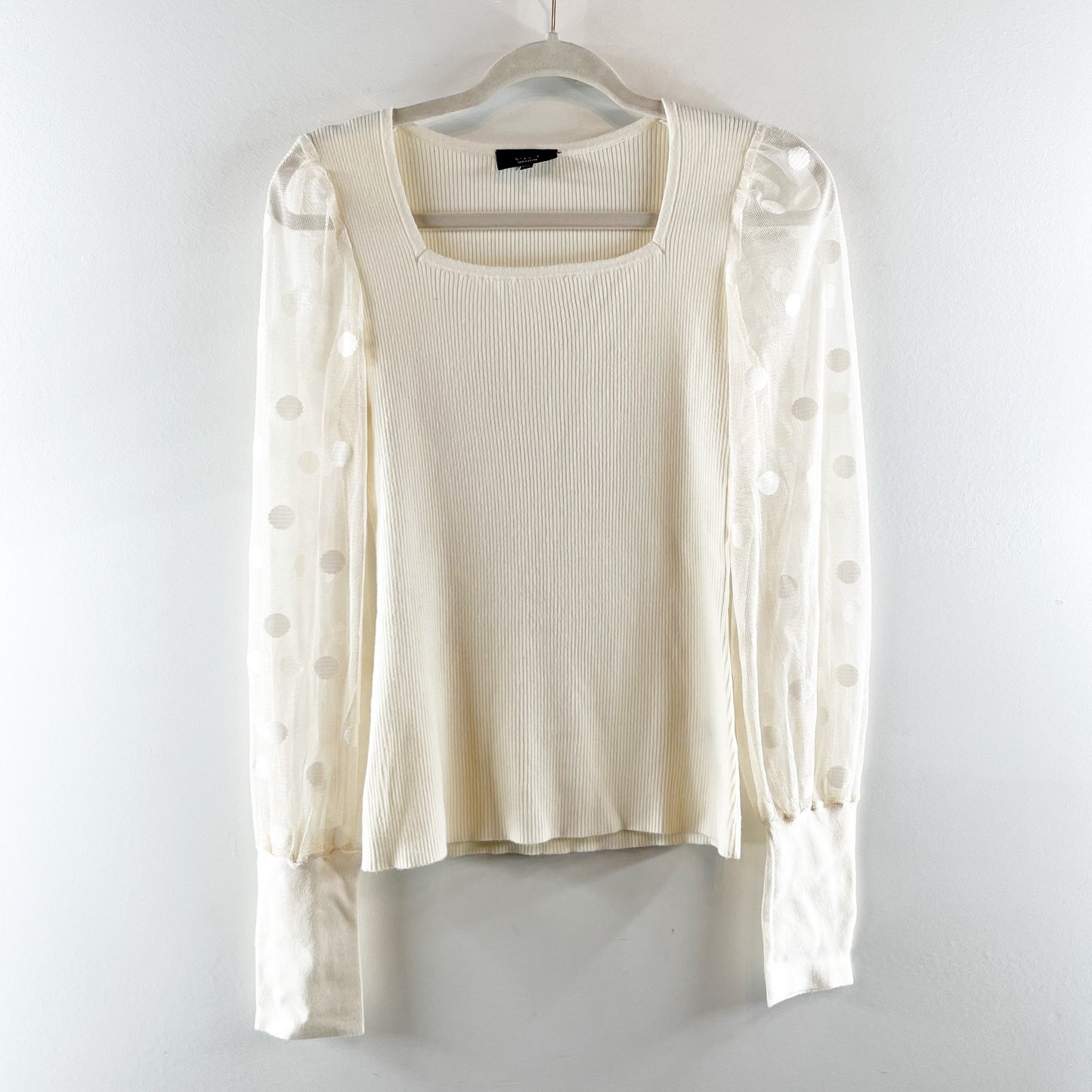 Vici Ribbed Square Neck Polka Dot Sheer Long Sleeve Sweater Blouse Ivory Medium