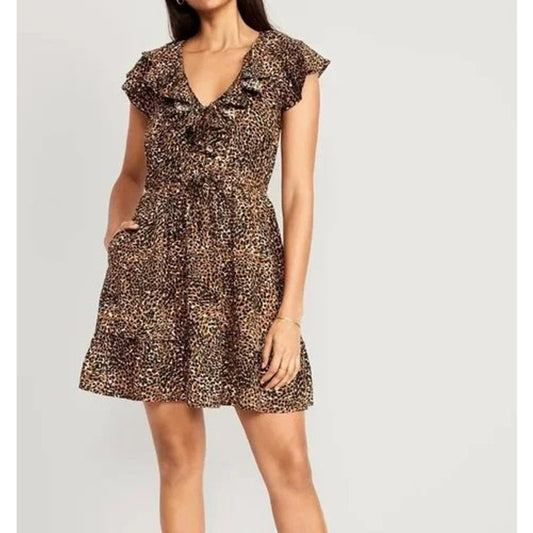 Old Navy Waist Defined Ruffle Trim Mini Dress Leopard Wild Spots Brown Large