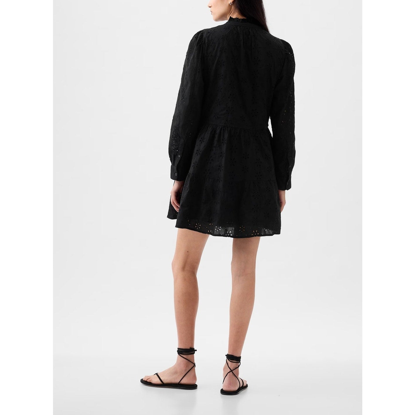 GAP Eyelet Long Sleeve Button Up Cotton Tiered Mini Shirtdress Black Small