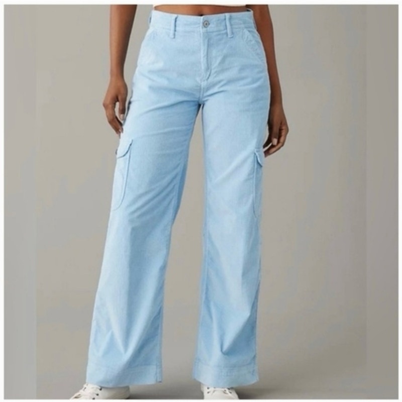 American Eagle Super High Rise Baggy Wide Leg Corduroy Cargo Pants Blue 8