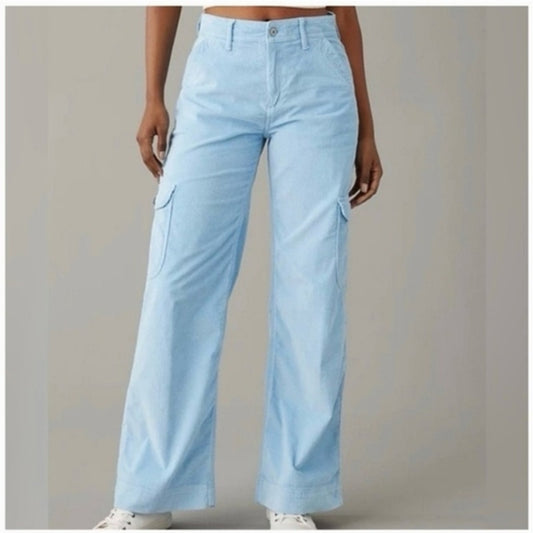 American Eagle Super High Rise Baggy Wide Leg Corduroy Cargo Pants Blue 8