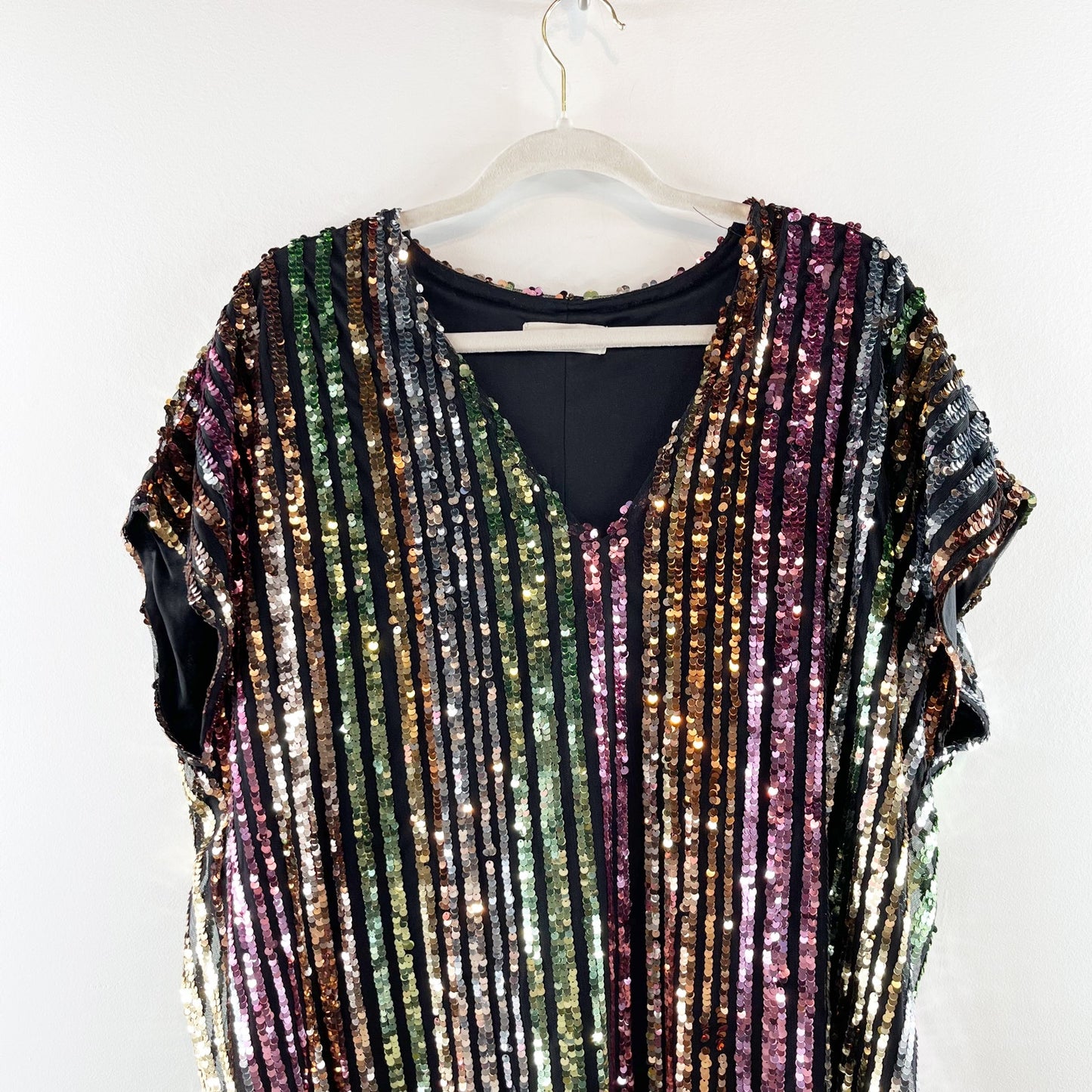 By Together Rainbow Striped V neck Short Sleeve Sequin T-Shirt Mini Dress Medium