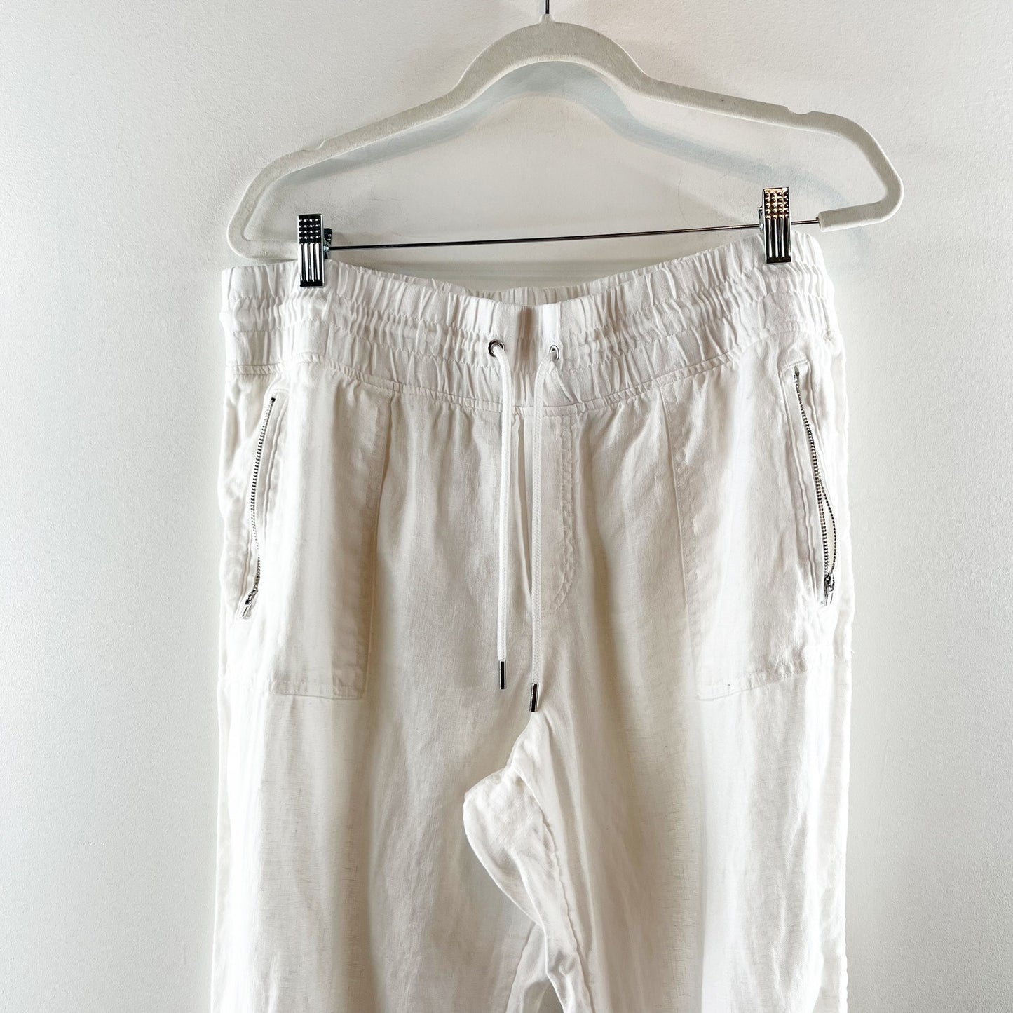 Athleta Cabo 100% Linen Pull On High Waisted Drawstring Jogger Pants White 16