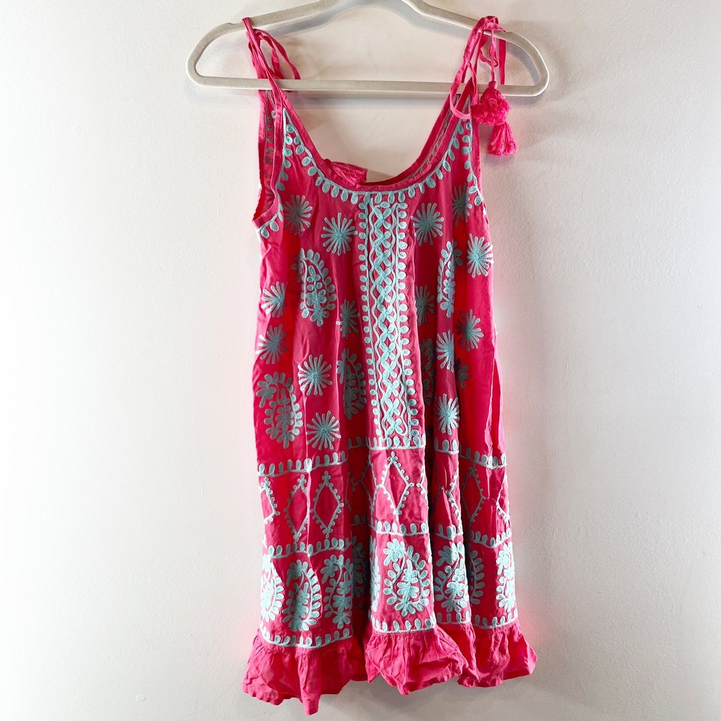 Pranella Remi Embroidered Tie Strap Ruffle Hem Mini Beach Dress Coral Pink Small