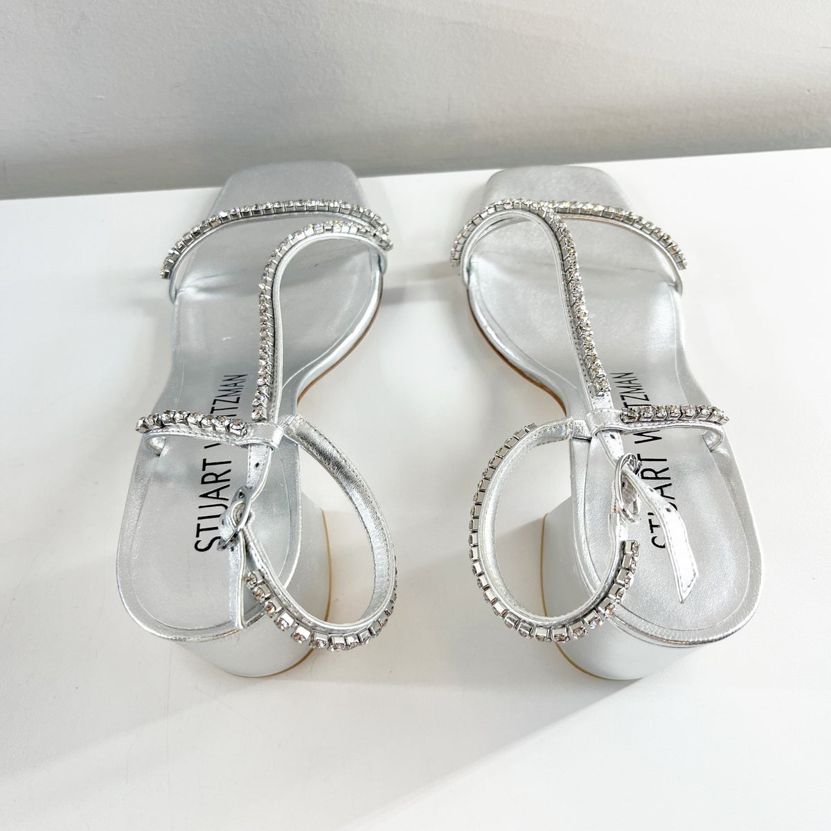 Stuart Weitzman Soiree Crystal Rhinestone Square Toe Block Heel Sandals Silver