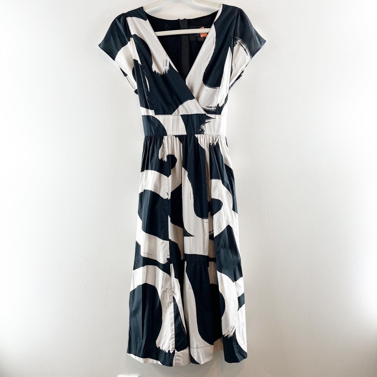 Maeve Anthropologie Mairead Short Sleeve Cotton Printed Midi Dress Black White 6