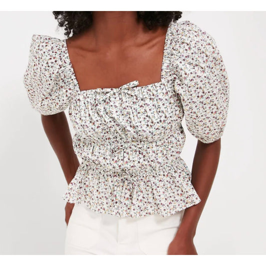 Hyacinth House Tuckernuck Floral Puff Sleeve Bow Payton Top Blouse White Medium