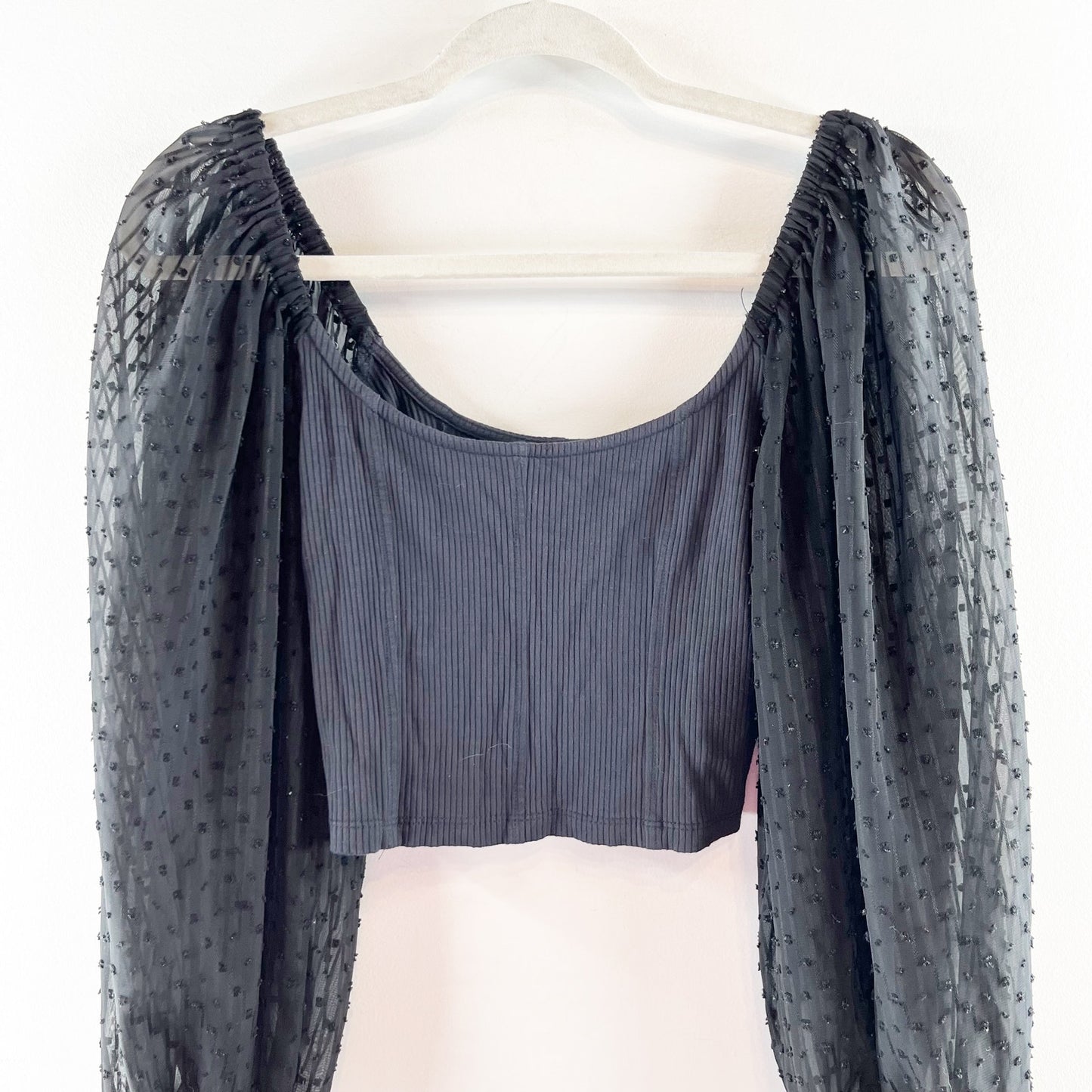 Urban Outfitters Cynthia Ribbed Square Neck Clip Dot Long Sleeve Crop Top Black