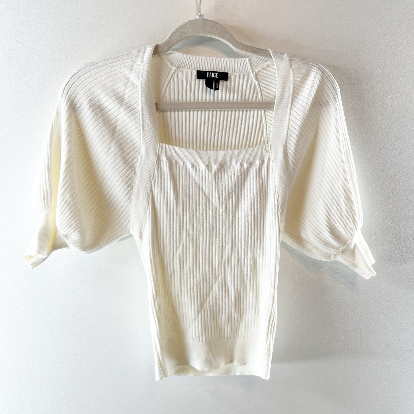 Paige Eponine Square Neck Ribbed Sweater Elbow Puff Sleeve Top White XS