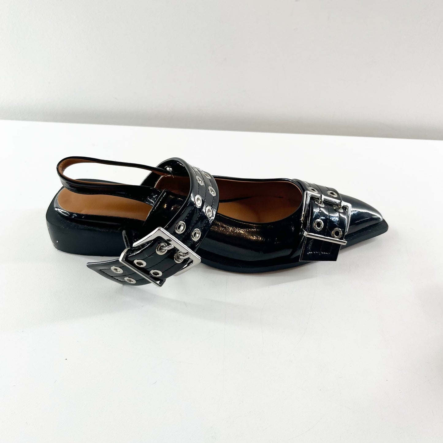 Black Patent Leather Buckle Slip On Pointed Toe Slingback Flat Shoes 39 / 8.5