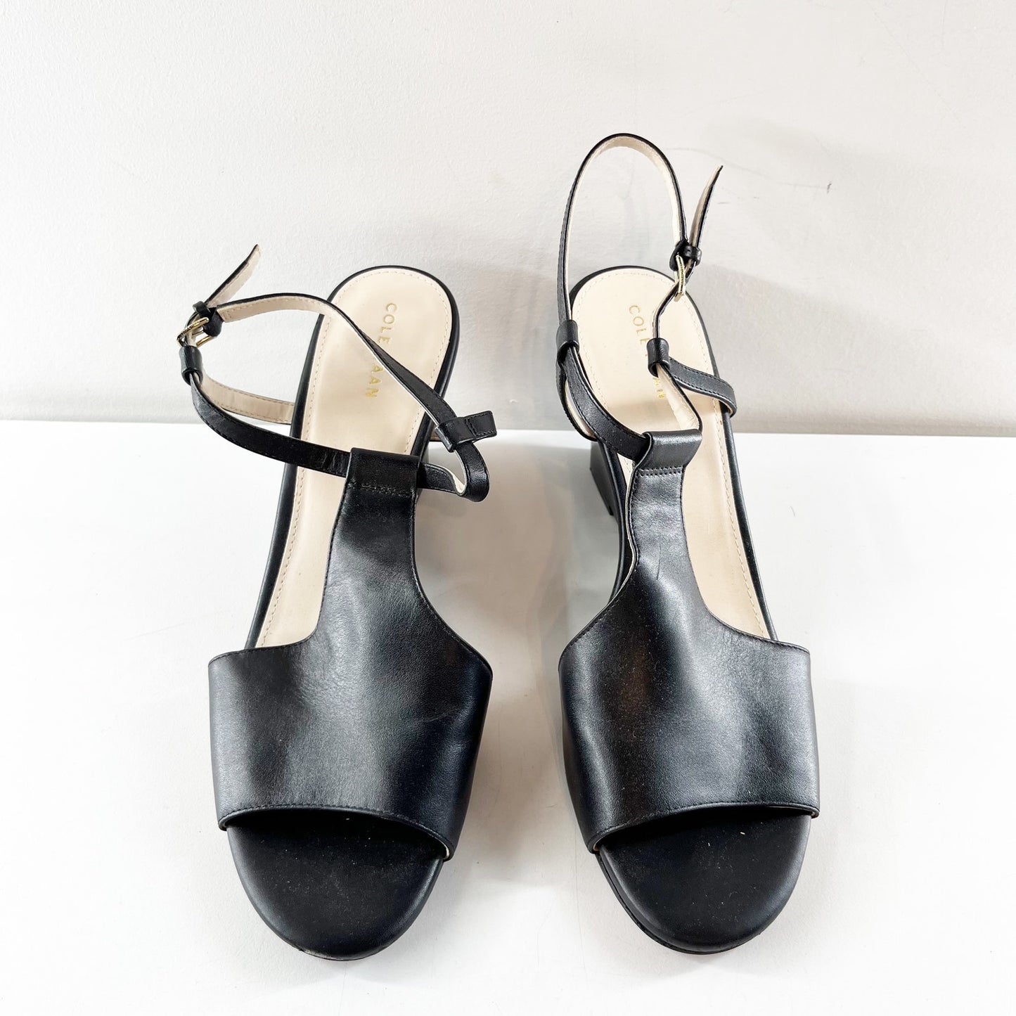 Cole Haan Maddie Open Toe Wedge Leather Shoes Sandals Black 9.5