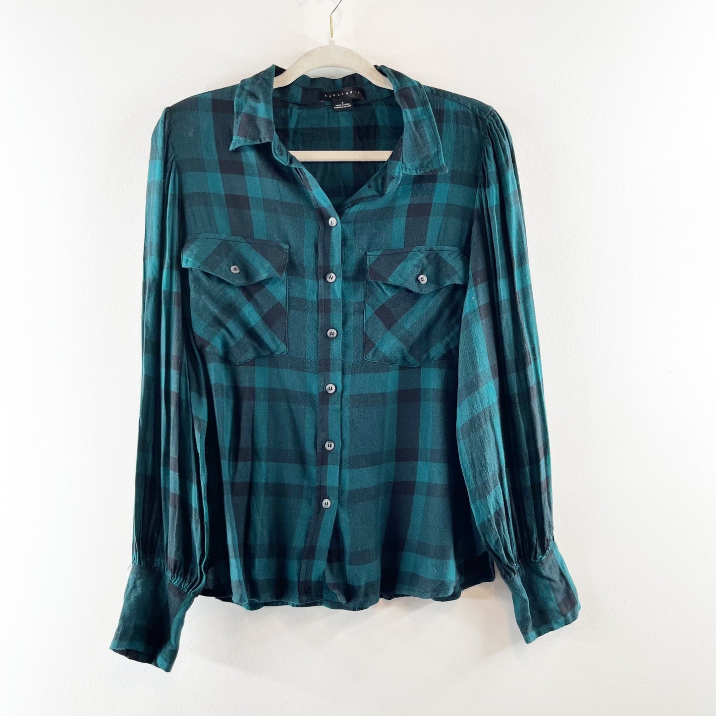 Sanctuary Fireside Boyfriend Button Down Plaid Shirt Teal Green Black Small