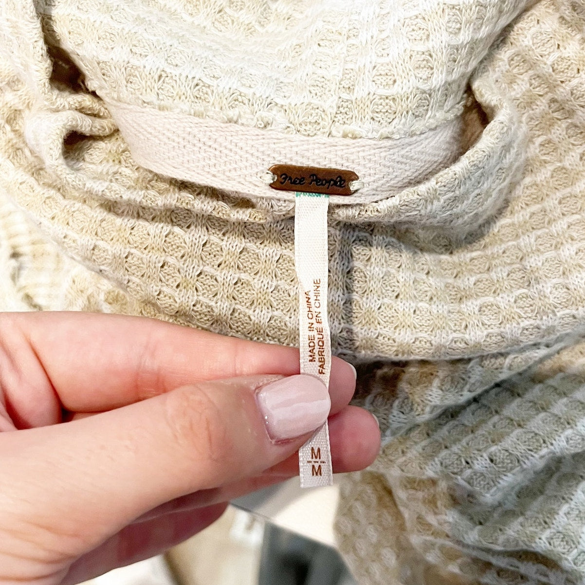 Free People BK Long Sleeve Turtleneck Waffle Knit Crop Thermal Top White Combo M