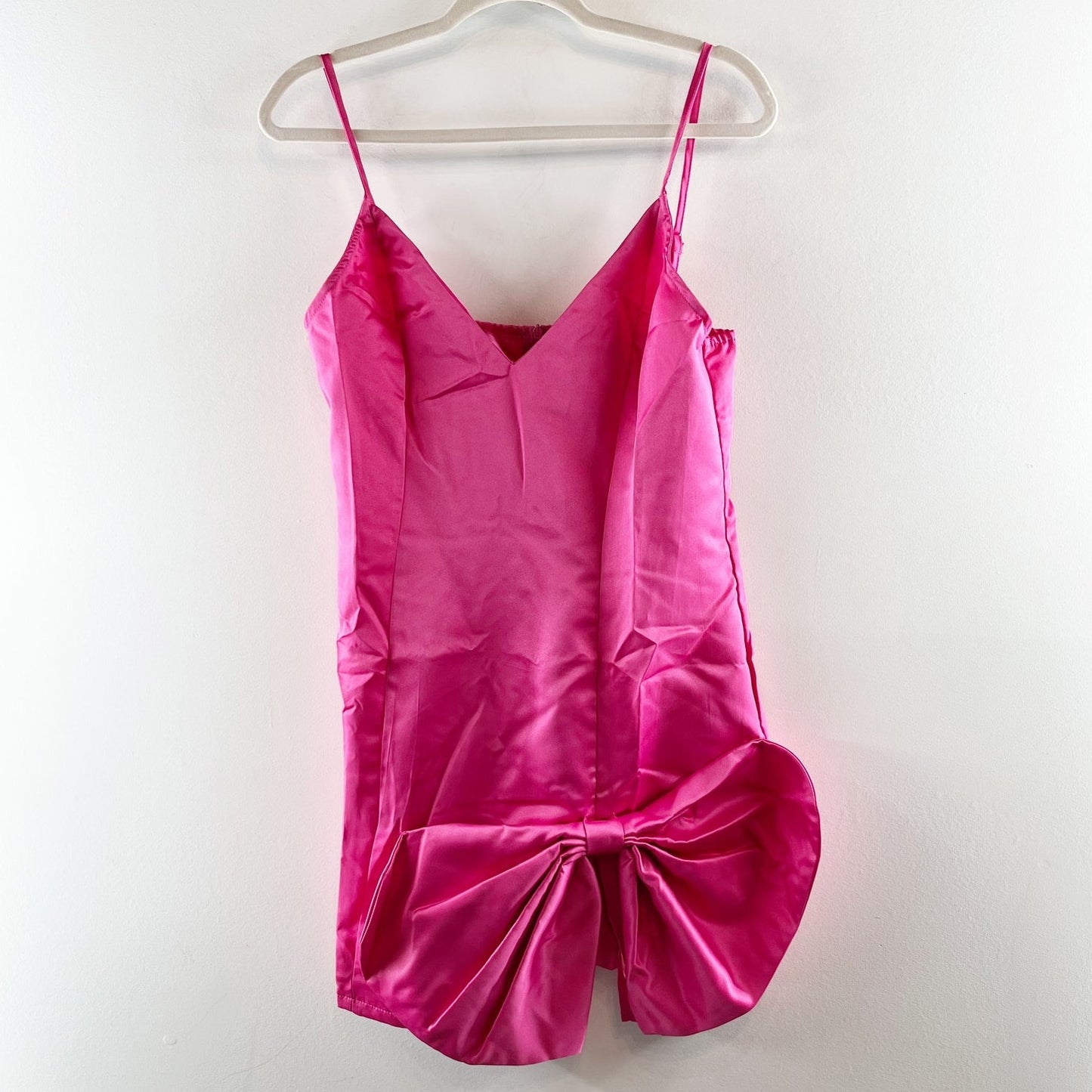 PrettyLittleThing Bow Hem Satin Mini Slip Dress Pink 10