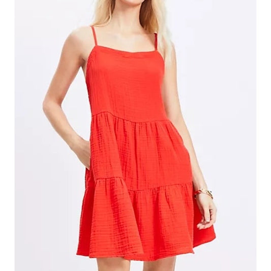 LOFT Beach Tiered Gauzy Cotton Mini Dress Red XS