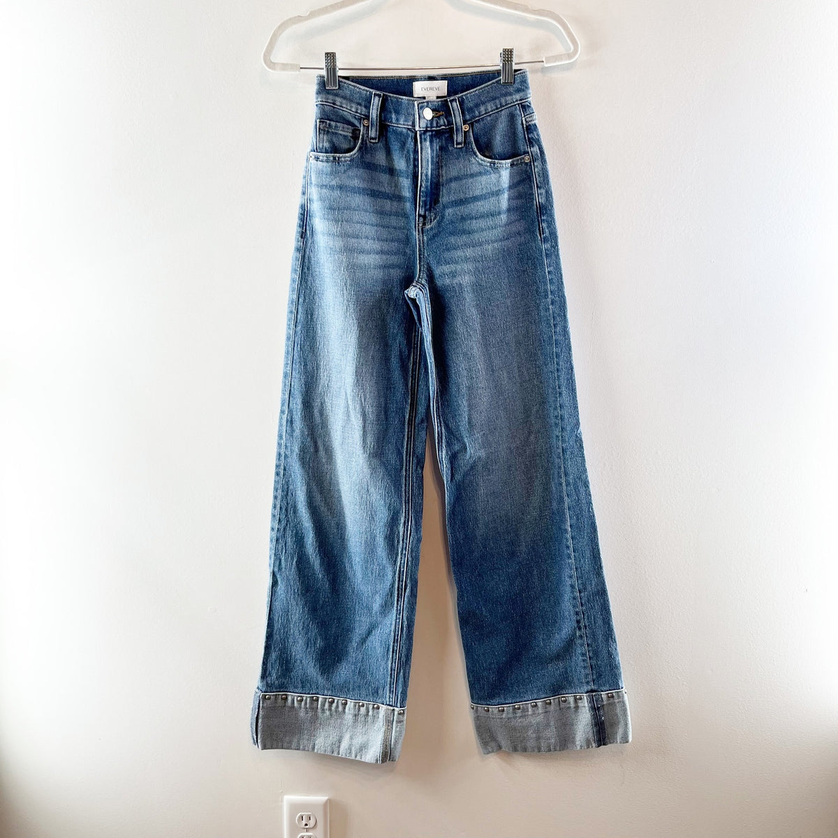 Evereve Ever Vintage Wide Leg Cuffed Jeans with Studded Detail Medium Wash Blue