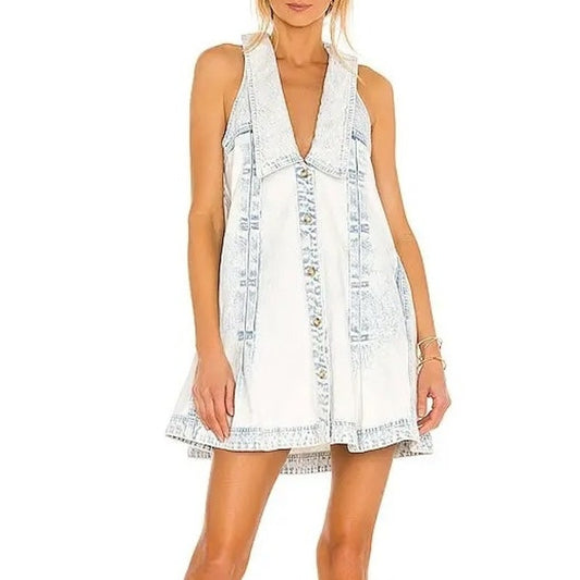 Free People Kate Denim Sleeveless Swing Mini Dress in Blue Icing Sugar Small