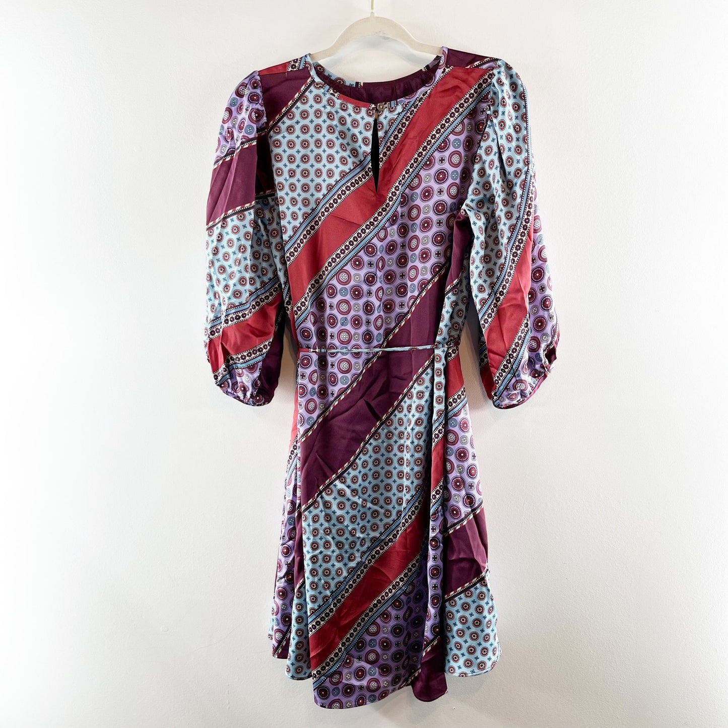 Ann Taylor 3/4 Sleeve Satin Geo Stripe Printed Mini Dress Maroon Teal Purple 6