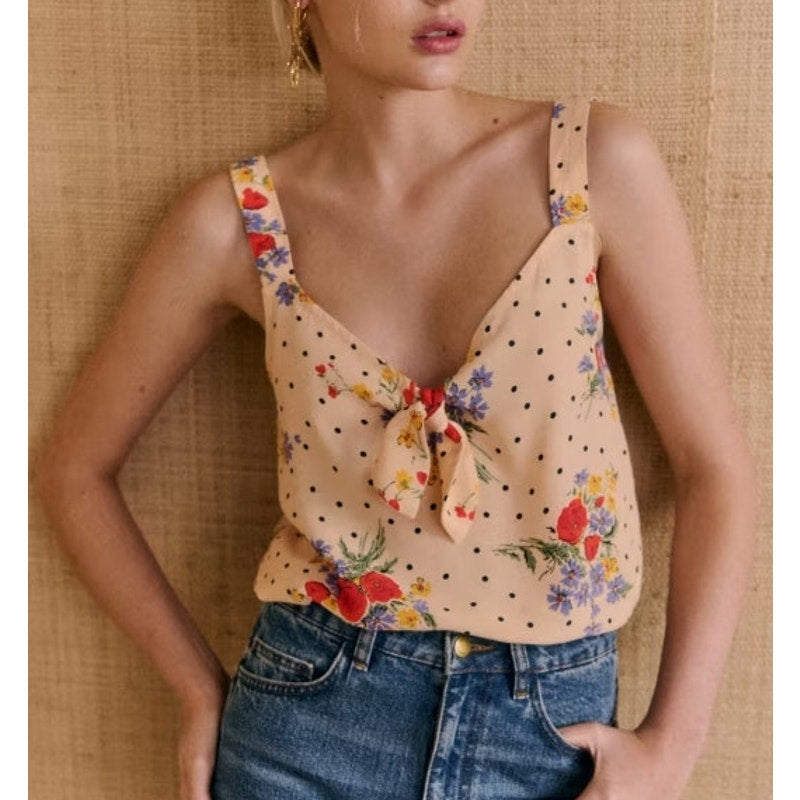 Sezane Denitsa Poppy Floral Sleeveless Tie Detail Tank Top Yellow EU 36 / US 4