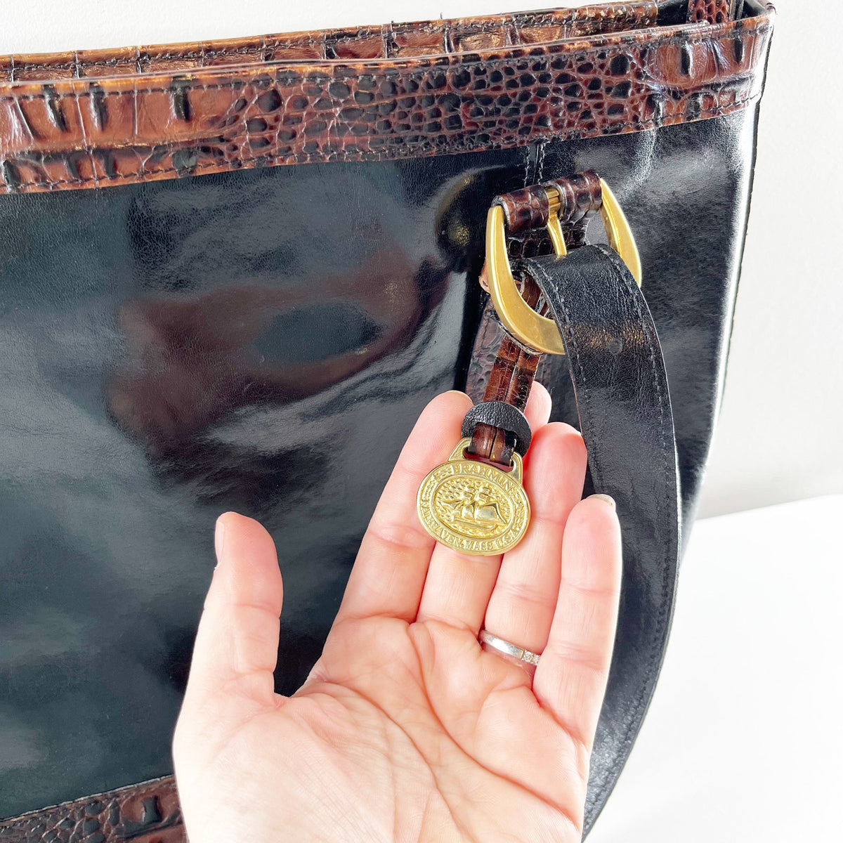 Brahmin Croc Embossed Leather Tote Handbag Purse Black Brown