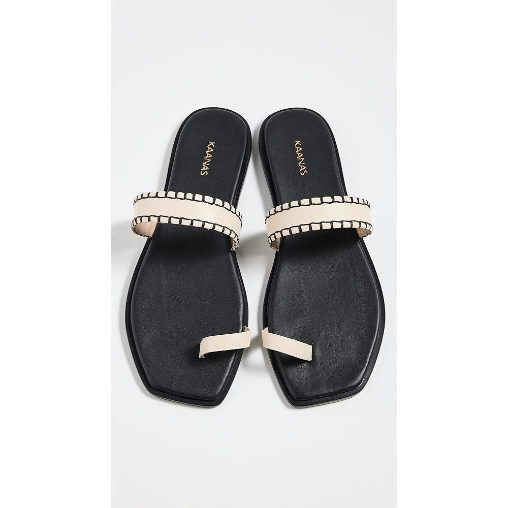 Kaanas Pirita Cowhide Leather Toe Ring Slip On Flat Sandals Black Cream 9