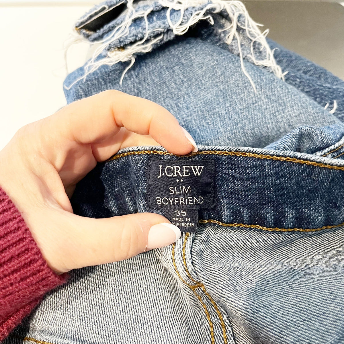 J. Crew All-Day Stretch High Waisted Frayed Denim Slim Boyfriend Jeans Blue 35
