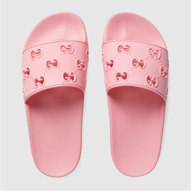 Gucci Pursuit GG Logo Rubber Slip On Open Toe Wide Strap Flat Slide Sandals Pink