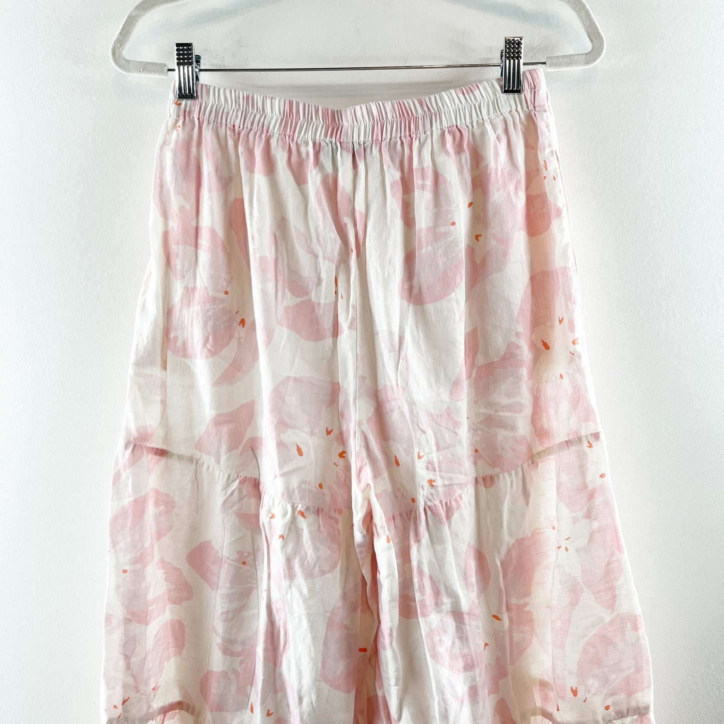 Something Navy Floral Tiered Wide Leg Flare Pants White Pink Medium