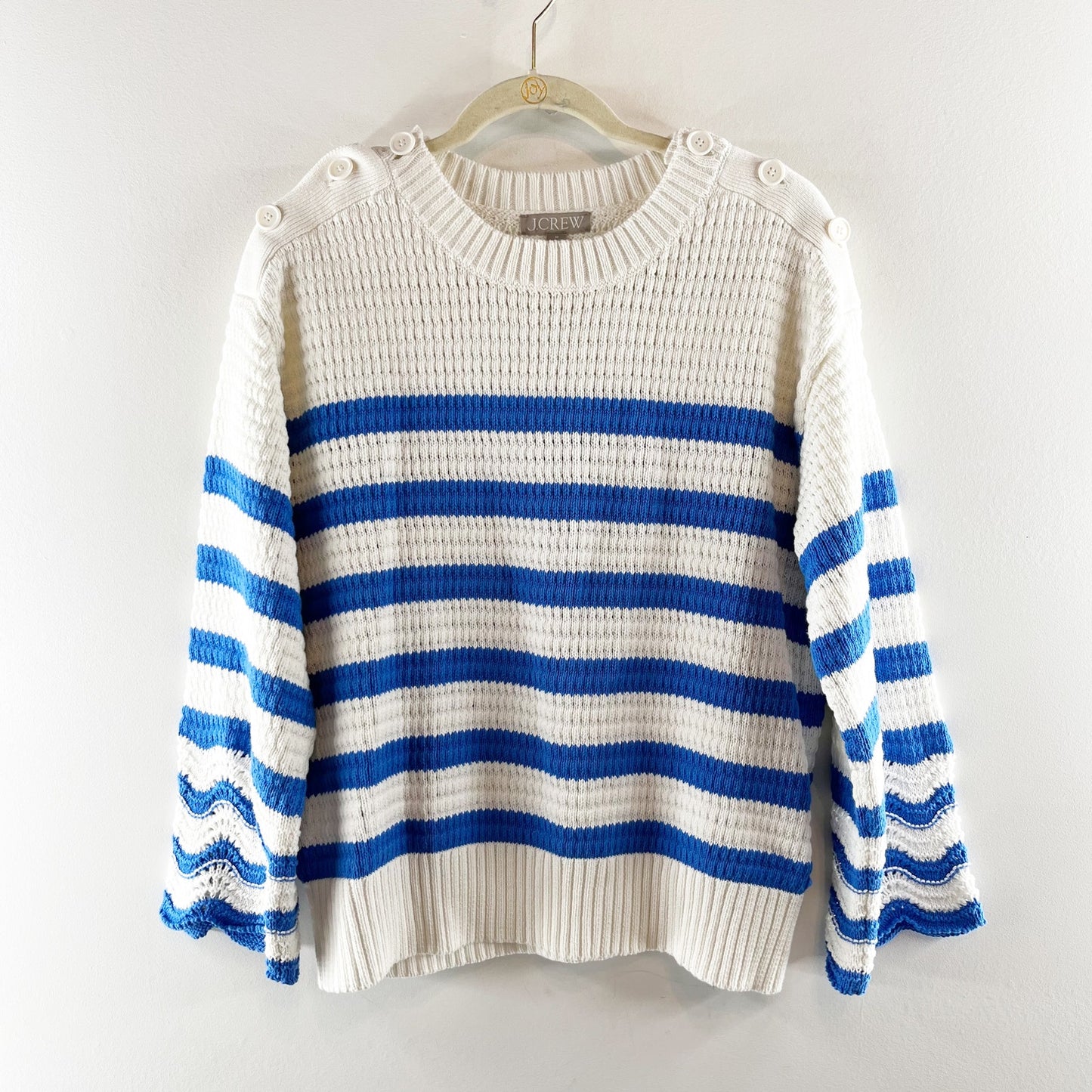 J. Crew Textured Striped Long Sleeve Crewneck Pullover Sweater White Blue Medium