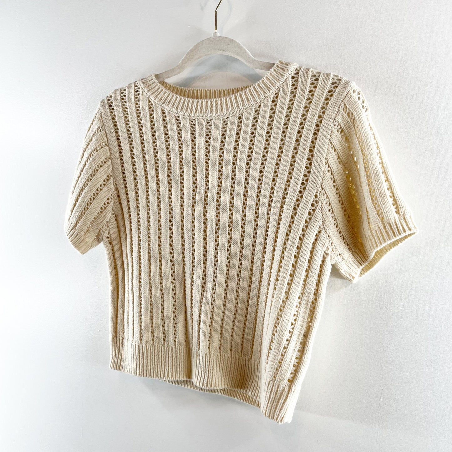 Elodie Short Sleeve Crochet Knit Cropped Sweater Tee Shirt Tan Beige Small