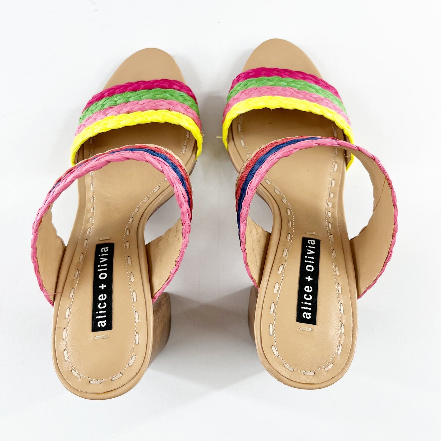 Alice + Olivia Leeda Raffia Rainbow Slip On Block Heel Sandals Rainbow 8