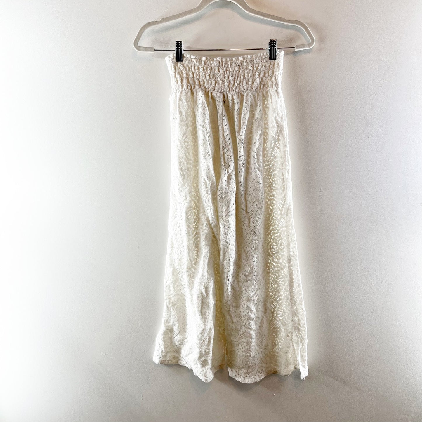 Aerie Smocked Waist Pull On Wide Leg Cropped Lace Sheer Pants Cream XS