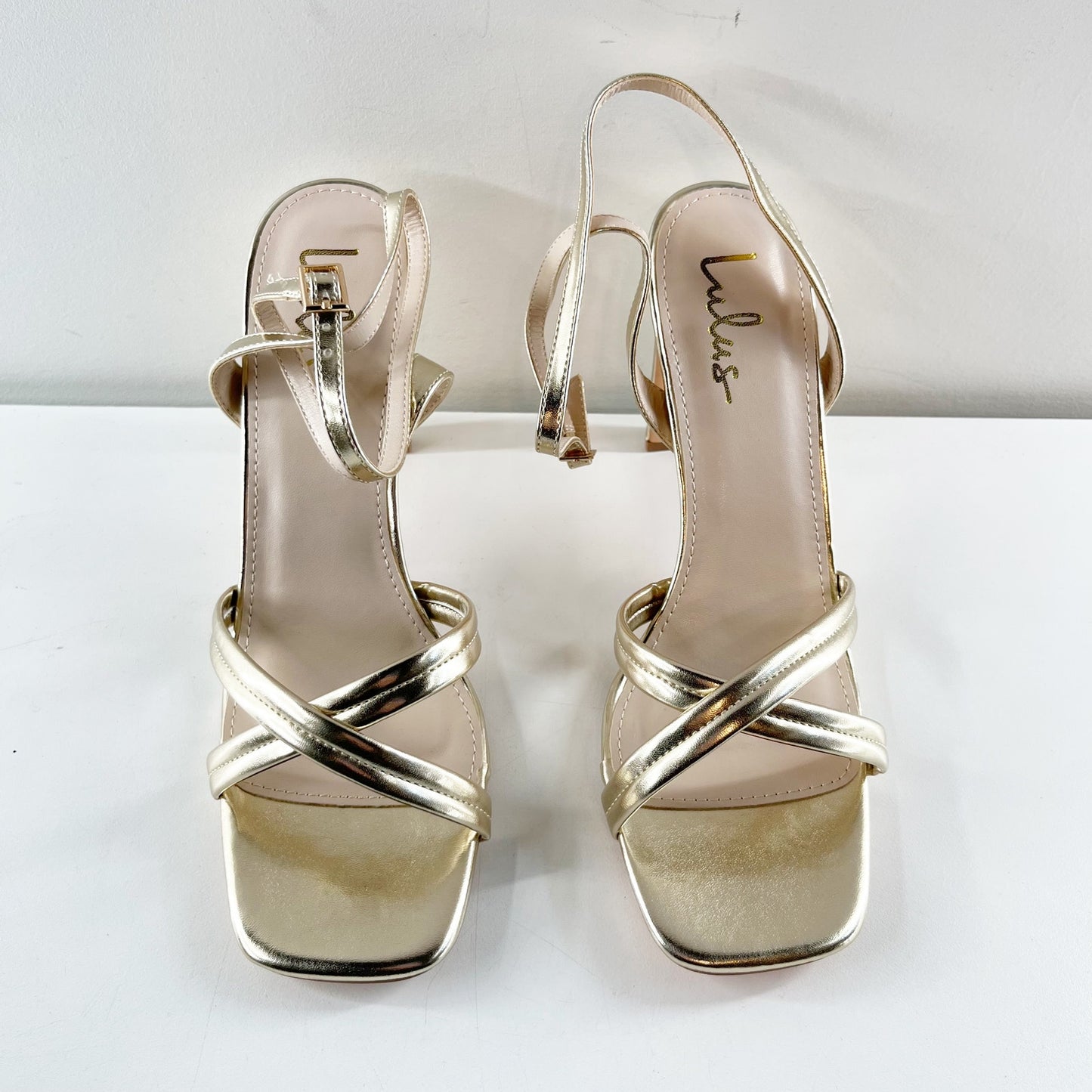 Lulus Milanii Square Toe Ankle Strap High Heel Sandals Metallic Gold 10