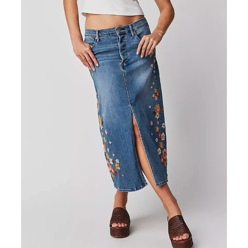 Driftwood Piper Embroidered Floral Midi Denim Skirt with Front Slit Blue 26
