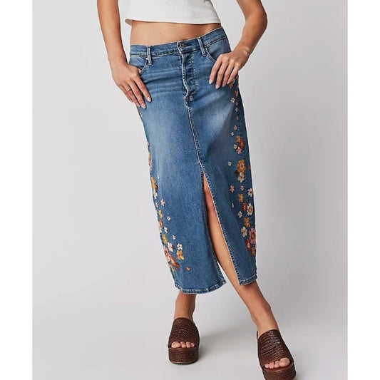 Driftwood Piper Embroidered Floral Midi Denim Skirt with Front Slit Blue 26