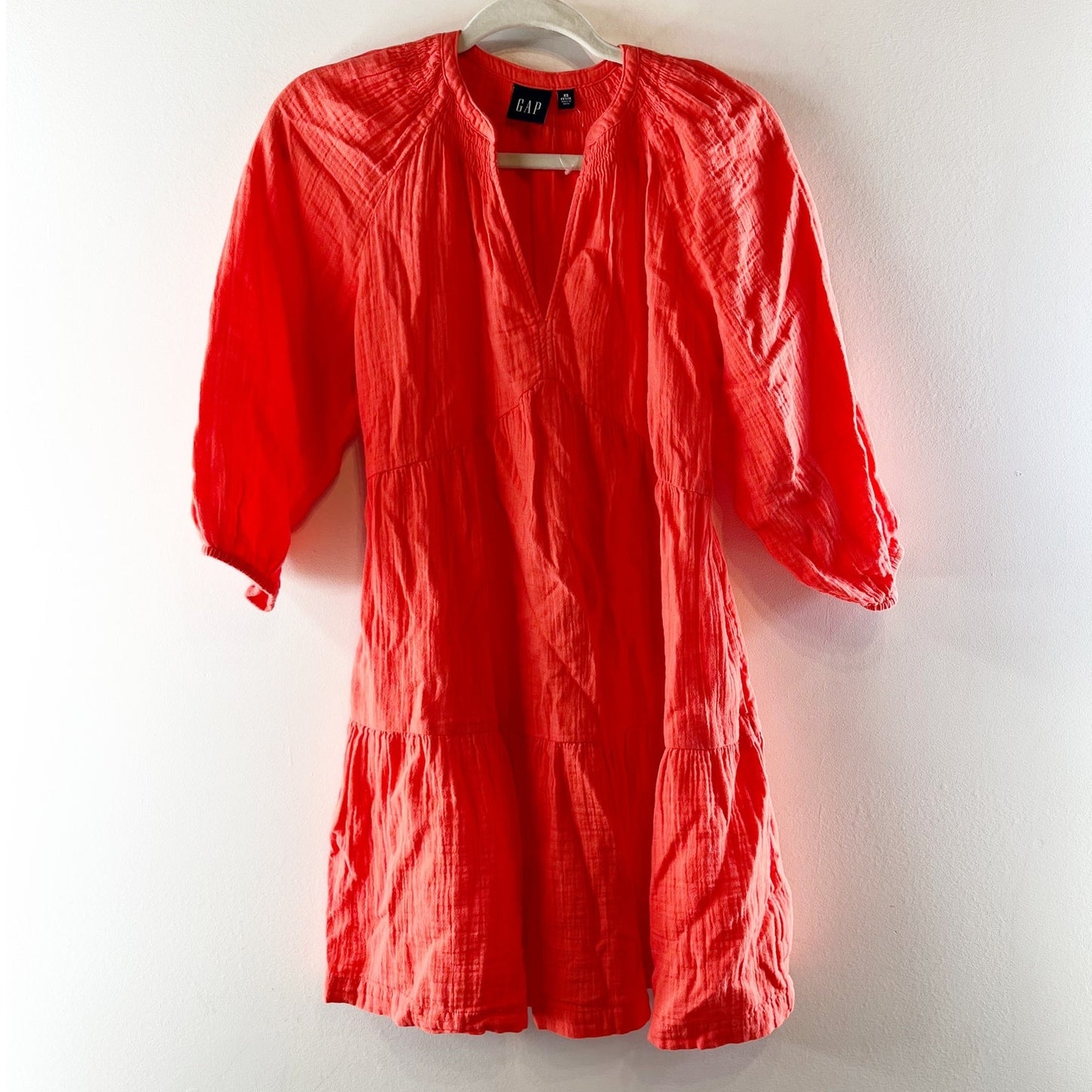 GAP Crinkle Gauze Tiered 3/4 Sleeve Mini Dress Fire Coral Orange XS Petite