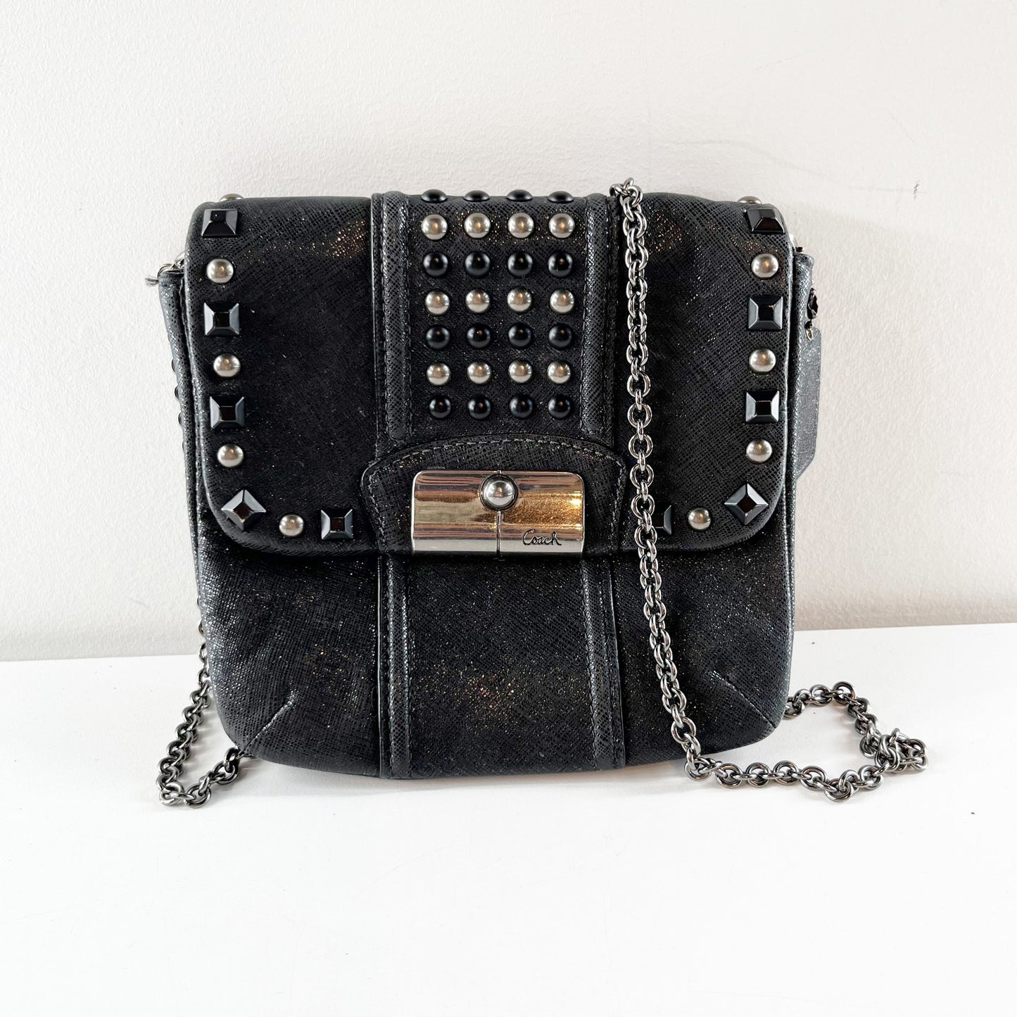 Coach Kristin Studded Chain Strap Leather Crossbody Purse Bag Black Silver