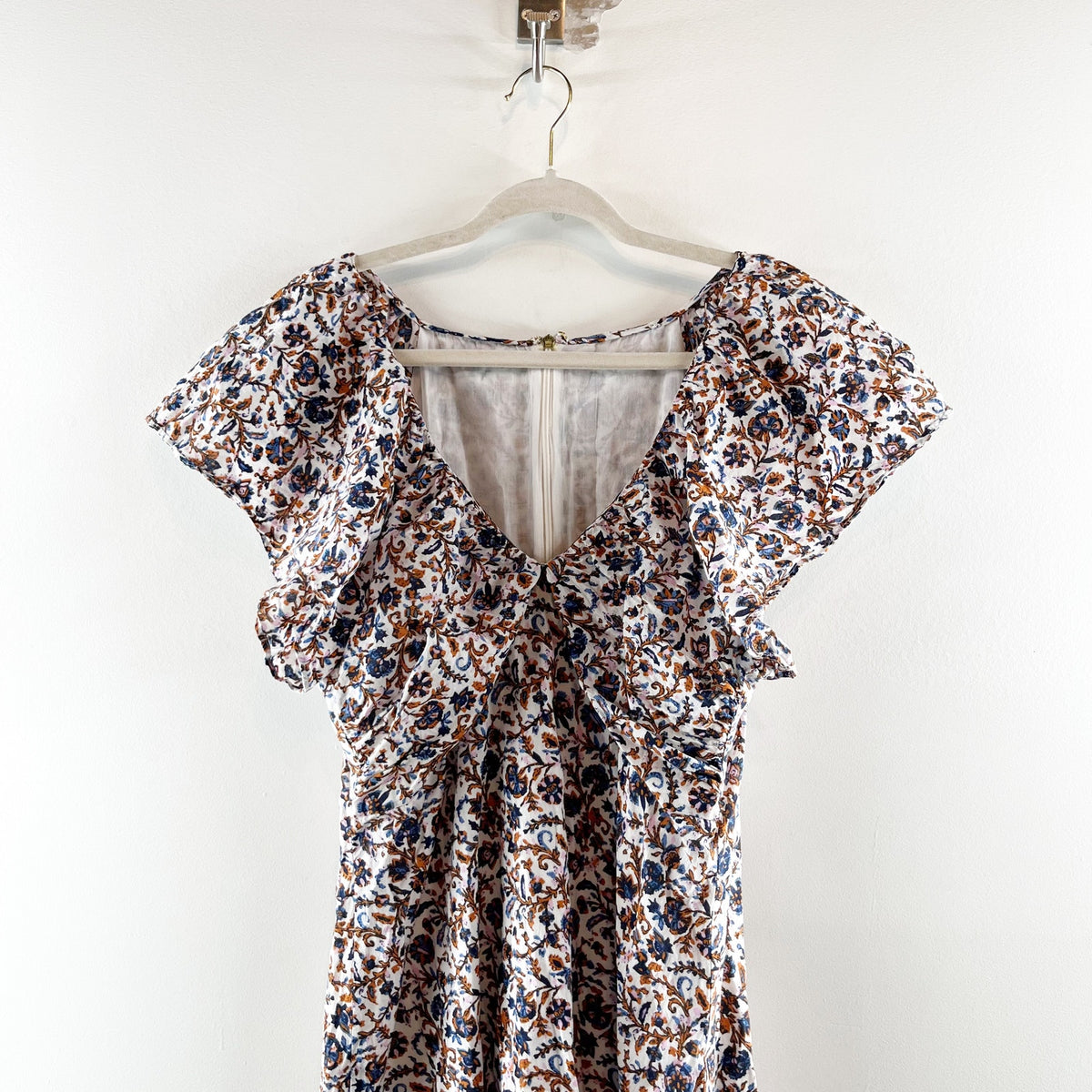 Cleobella Briar Ankle Floral Maxi Short Ruffle Flutter Sleeve Dress Maroon M