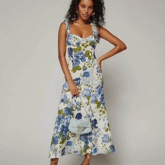 Reformation Nadira Floral Tie Shoulder Smocked Fit & Flare Midi Dress Lucca 2