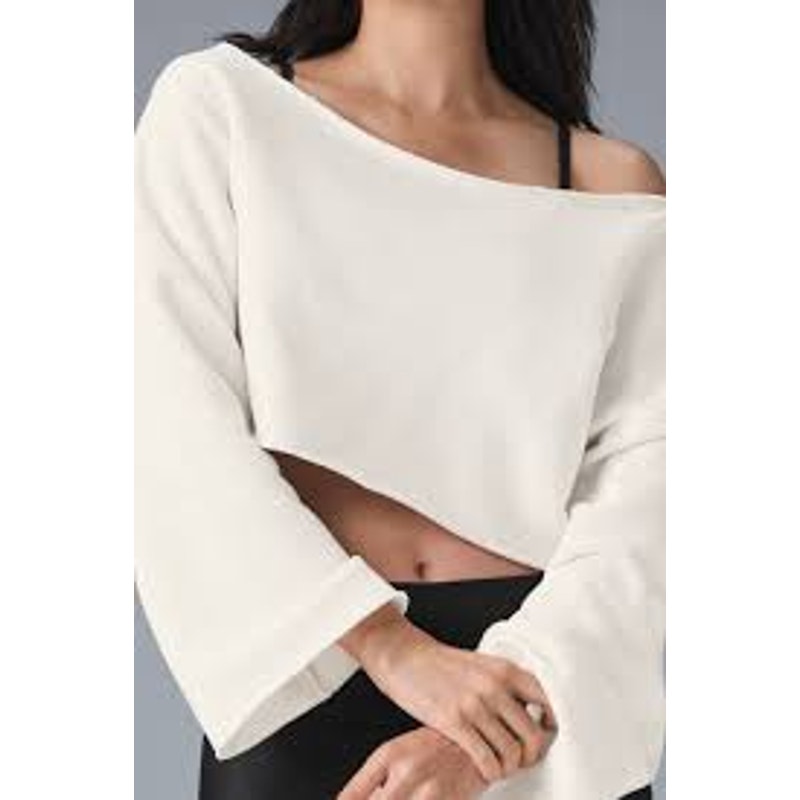 Alo Cropped Barre Shoulder Long Sleeve Cover Up Sweatshirt Ivory XS
