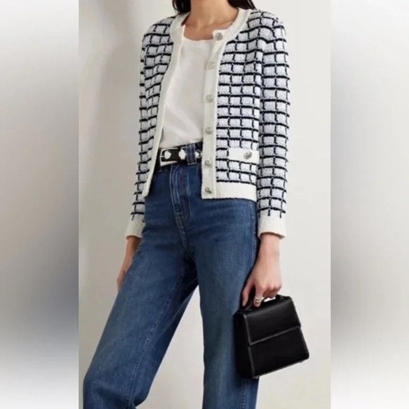 Veronica Beard Lavigne Tweed Knit Sweater Jacket Blue White Small