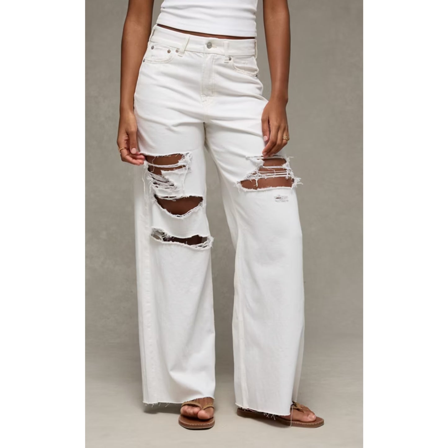 American Eagle Highest Rise Distressed Baggy Straight Leg Jeans White 2