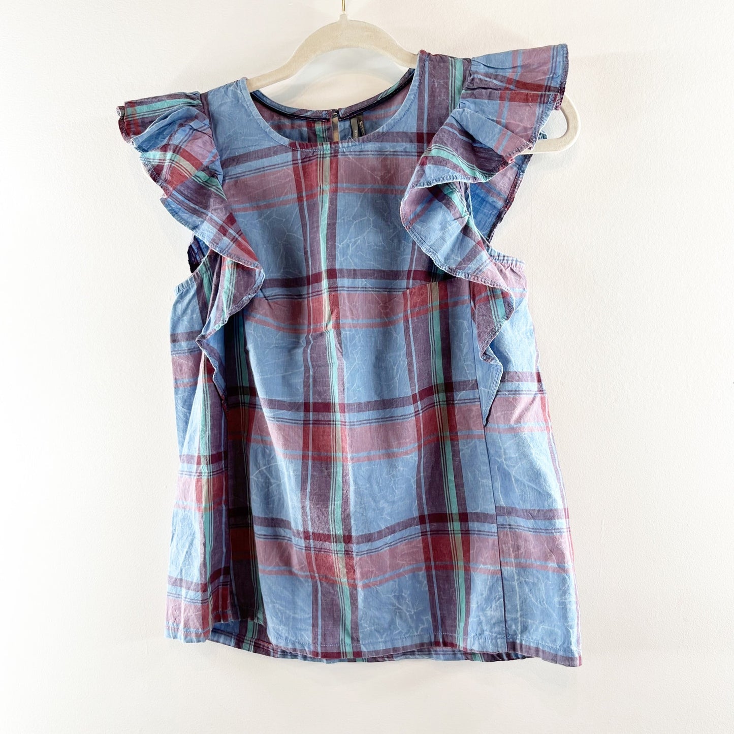 Anthropologie Amarette Plaid Tartan Ruffle Sleeve Top Blouse Blue Red XXS